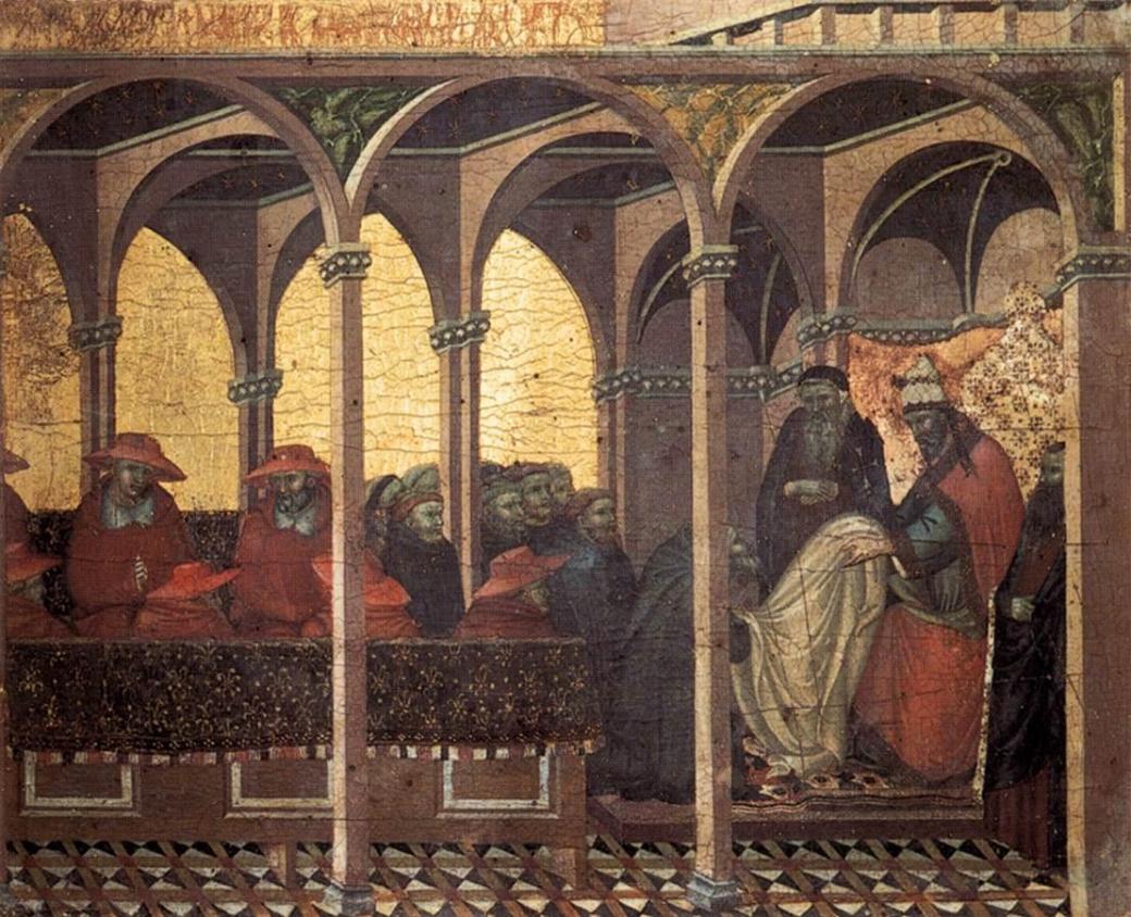 Pietro_Lorenzetti_-_Predella_panel_-_The_Approval_of_the_New_Carmelite_Habit_by_Pope_Honorius_IV_-_WGA13544
