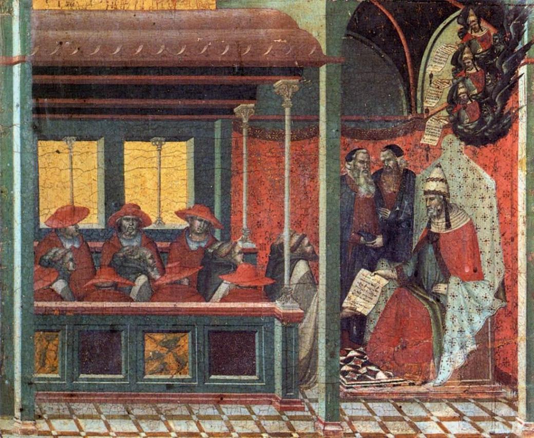 Pietro_Lorenzetti_-_Predella_panel_-_The_Pope_Issues_a_Bull_to_a_Carmelite_Delegation_-_WGA13543
